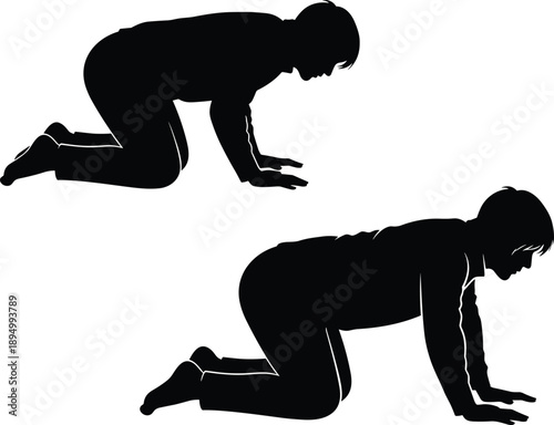 Woman crawling silhouette in kneeling position, body movement exercise pose, black vector illustration for fitness, yoga, training and physical activity concepts