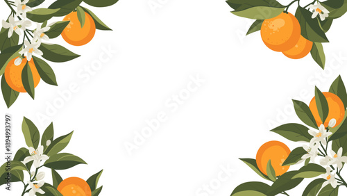 Orange tree branches with ripe fruits and white blossoms in corner decorative elements