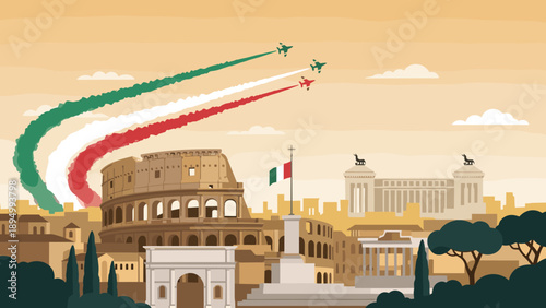 Italian flag colors trail jets over Rome's iconic Colosseum and historic cityscape