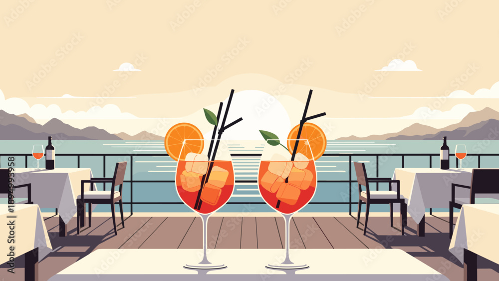 Fototapeta premium Two refreshing aperol spritz cocktails on a terrace overlooking the sea at sunset