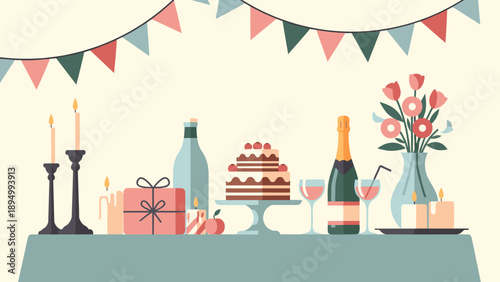 Festive celebration table with cake, champagne, gifts, and candles under bunting