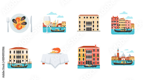 Collection of Italian Venice travel and food icons with gondolas and pasta