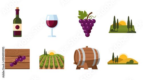 Collection of wine-related icons including vineyard, grapes, bottle, glass, and barrel