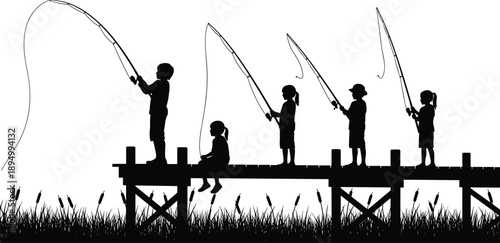 Children fishing silhouette on wooden pier, kids with fishing rods by lake, black vector illustration for outdoor activity and nature concepts