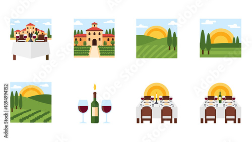 Italian vineyard estate with wine tasting and dining experiences at sunset