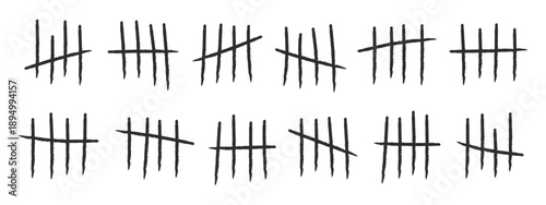 Set of hand-drawn tally marks in a rough, grunge style. Icons of counting to five, often used to symbolize scorekeeping, counting days, survival, or endurance