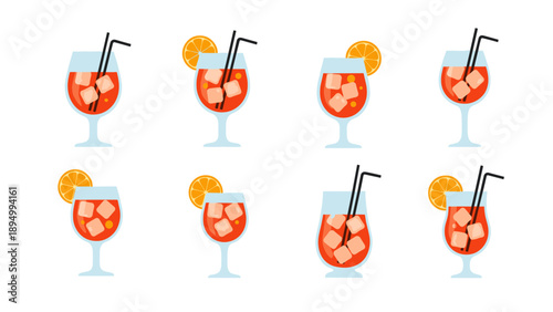 Collection of refreshing orange cocktails with ice and straws on a white background