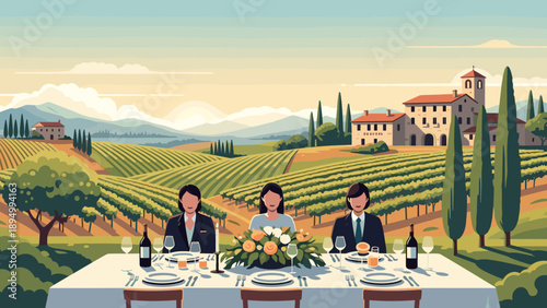 Elegant outdoor dining experience amidst rolling vineyards and Tuscan villa scenery