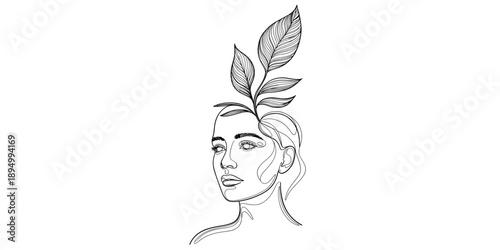 A minimalist line art illustration depicting a woman with a growing plant symbolizing new ideas and personal growth. Vector, illustration