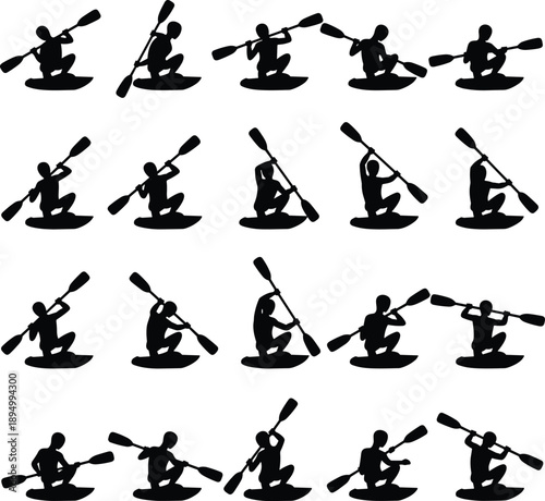 Kayaking paddle stroke silhouettes showing canoe athlete motion sequence training poses isolated on white background water sports vector illustration set collection design