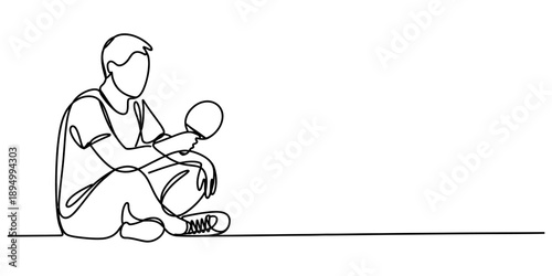 Continuous line art drawing of a man sitting relaxed while holding a table tennis paddle