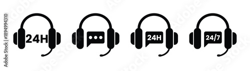 Customer Support Headphones Icons – 24H & 24/7 Help Service Vector Set