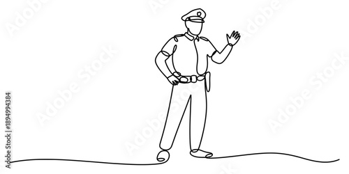 A continuous line art illustration of a police officer standing and waving