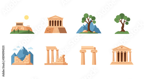 Collection of ancient Greek architectural elements and landscapes in a flat design style