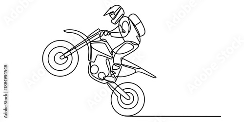Continuous line drawing of a person riding a dirt bike and performing a wheelie Vector, illustration