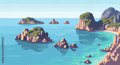Serene tropical island landscape with clear turquoise water and rocky outcrops