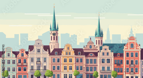 Charming European cityscape with colorful historic buildings and church spires