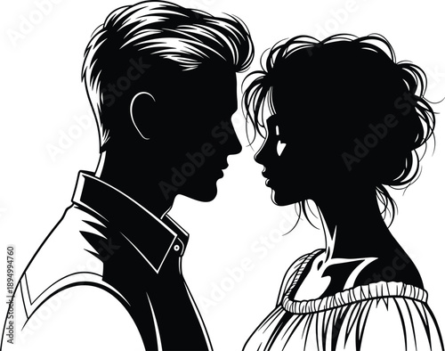 Romantic couple silhouette face to face, man and woman in love, black and white vector illustration for relationship, romance and emotional concepts