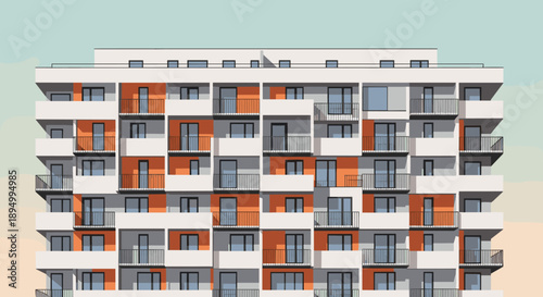 Modern apartment building facade with balconies and orange accents
