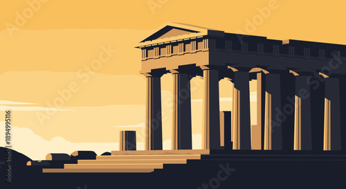 Ancient Greek temple with Doric columns bathed in warm sunset light, minimalist style