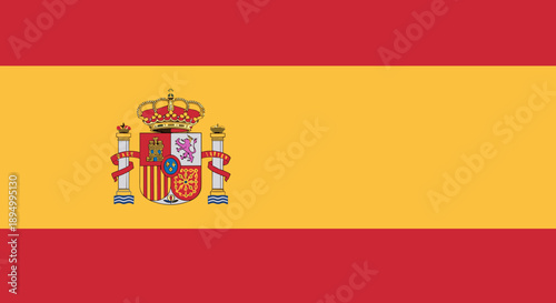 The national flag of Spain with its coat of arms prominently displayed on the left side