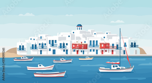 Charming Greek island village with white buildings and boats in the blue sea