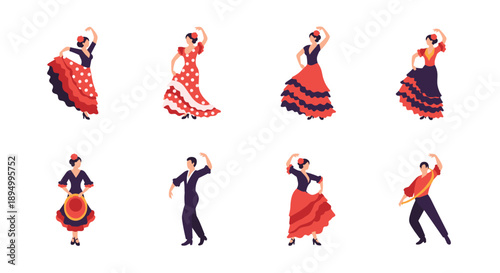 Set of diverse flamenco dancers in traditional costumes performing energetic dance moves