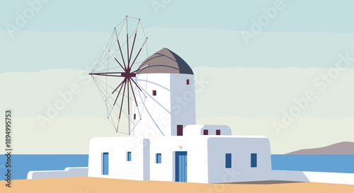 Iconic white windmill with blue doors stands against a serene sea and sky backdrop