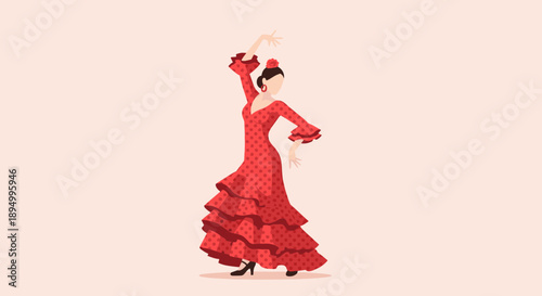 Flamenco dancer in a red polka dot dress gracefully performing a dance move
