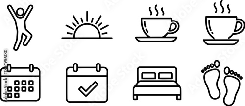 National Get Up Day icons collection: jumping person, sunrise, coffee cups, calendar, bed, feet