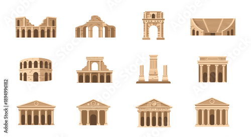 Collection of ancient Roman architectural landmarks and ruins in a flat design style