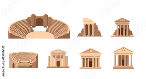 Collection of ancient Greek and Roman architectural elements and amphitheaters