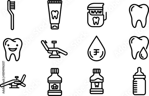 Children's Dental Health Month icon set for oral hygiene