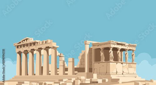 Ancient Greek Acropolis ruins with columns and Caryatids against a blue sky