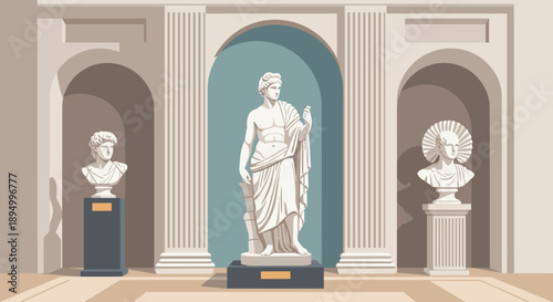 Classical Greek and Roman marble statues displayed in a museum gallery with architectural elements