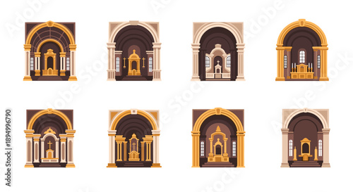 Collection of ornate church altars and chapels in a flat, illustrative style