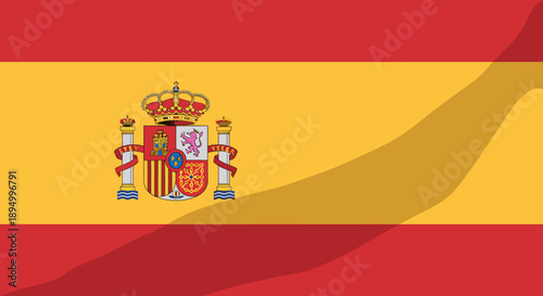 Official flag of Spain with its coat of arms waving in the wind, a symbol of national pride