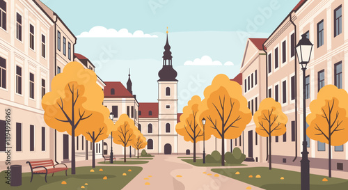 Charming European town square with autumn trees and historic architecture
