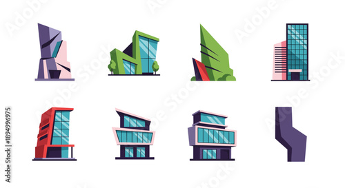 Collection of modern abstract architectural building designs with geometric shapes and glass facades