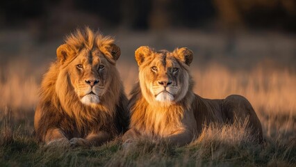 Two adult male lions resting together in the savanna, their manes glowing in the golden hour light as they gaze toward the camera. Concept Lions resting together, Golden hour glow on manes
