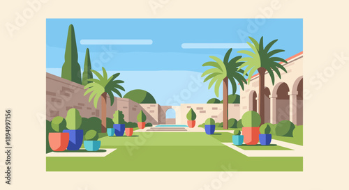 Flat design illustration of a serene courtyard garden with potted plants and palm trees