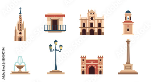 Collection of flat design architectural elements and city landmarks