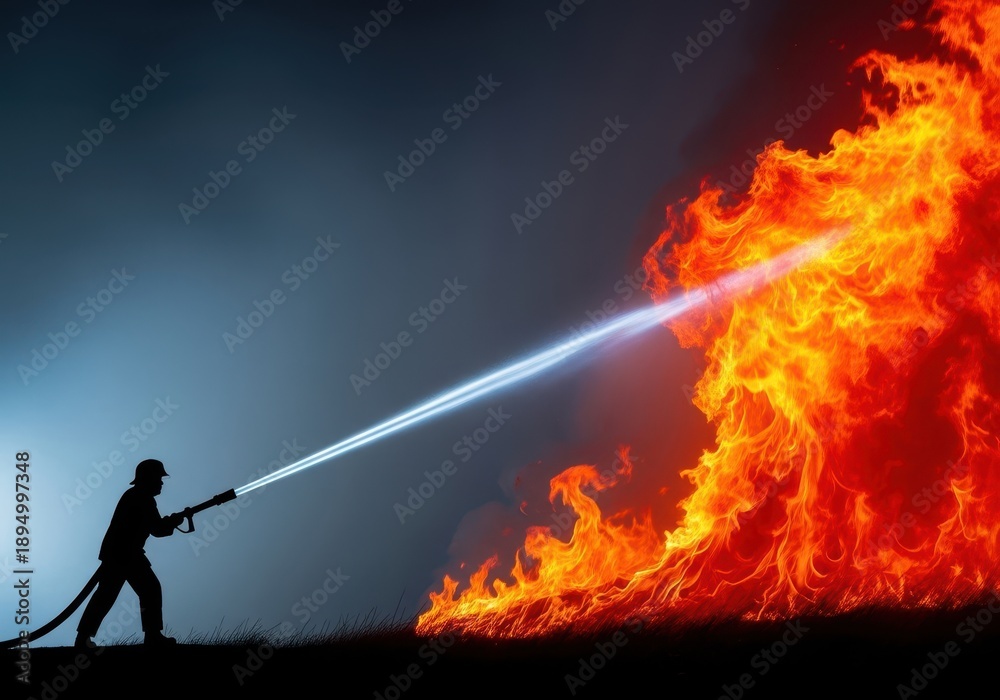 Obraz premium Specialized team fighting intense brush fire with high-pressure water hoses, working to suppress the spread of the massive blaze, danger, uniform, dry