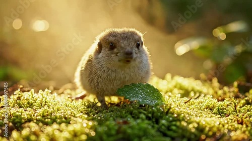 Adorable small fluffy hamster on a bed of vibrant green moss.