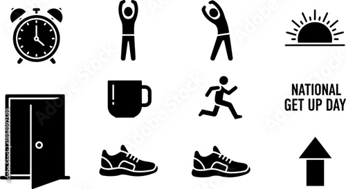 National Get Up Day icon set with alarm, sunrise, and activities