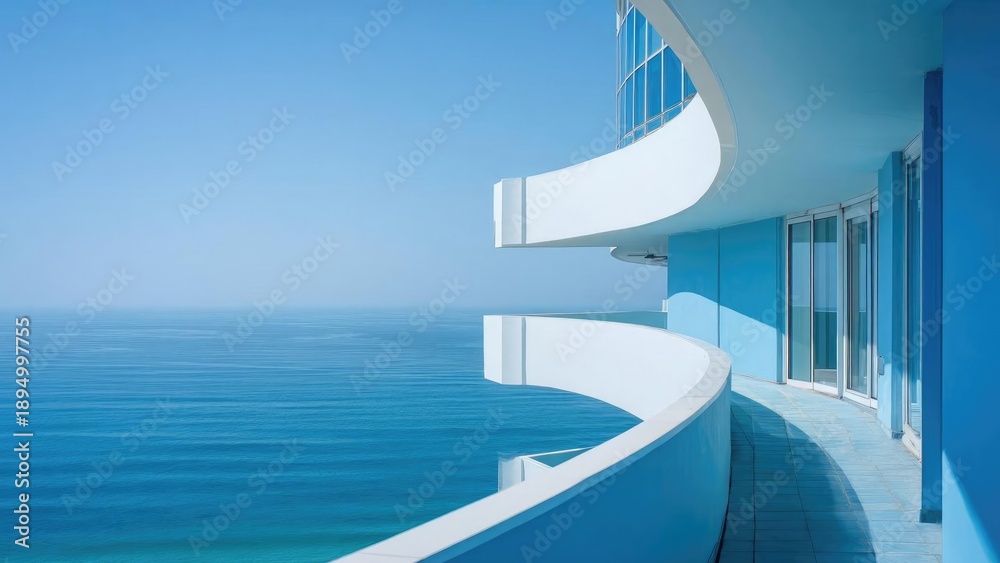Fototapeta premium Blue oceanfront balcony of a modern building with curved white railings overlooking the calm sea. Concept Oceanfront balcony, Modern architecture, Curved white railings, Calm blue sea