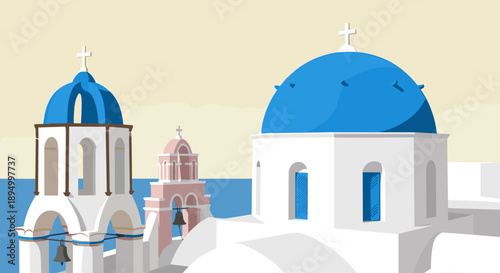 Iconic blue-domed churches and bell tower overlooking the Aegean Sea in Greece