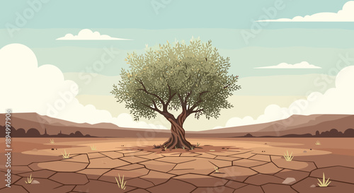Solitary olive tree stands resilient on cracked dry earth under a vast, cloudy sky