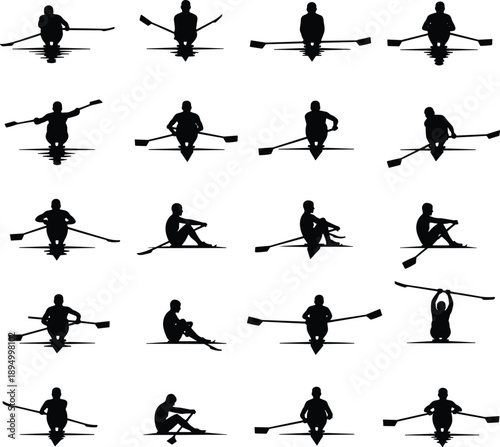 Rowing stroke motion silhouettes showing rower technique training sequence isolated on white background water sports vector illustration set endurance fitness collection