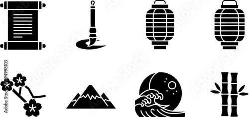 Japanese cultural icons for National Haiku Writing Month vector set